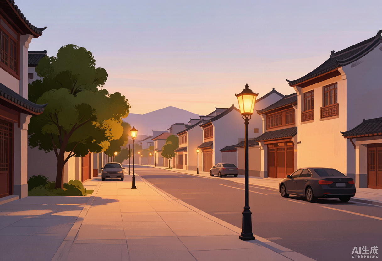 Safe residential street at dusk